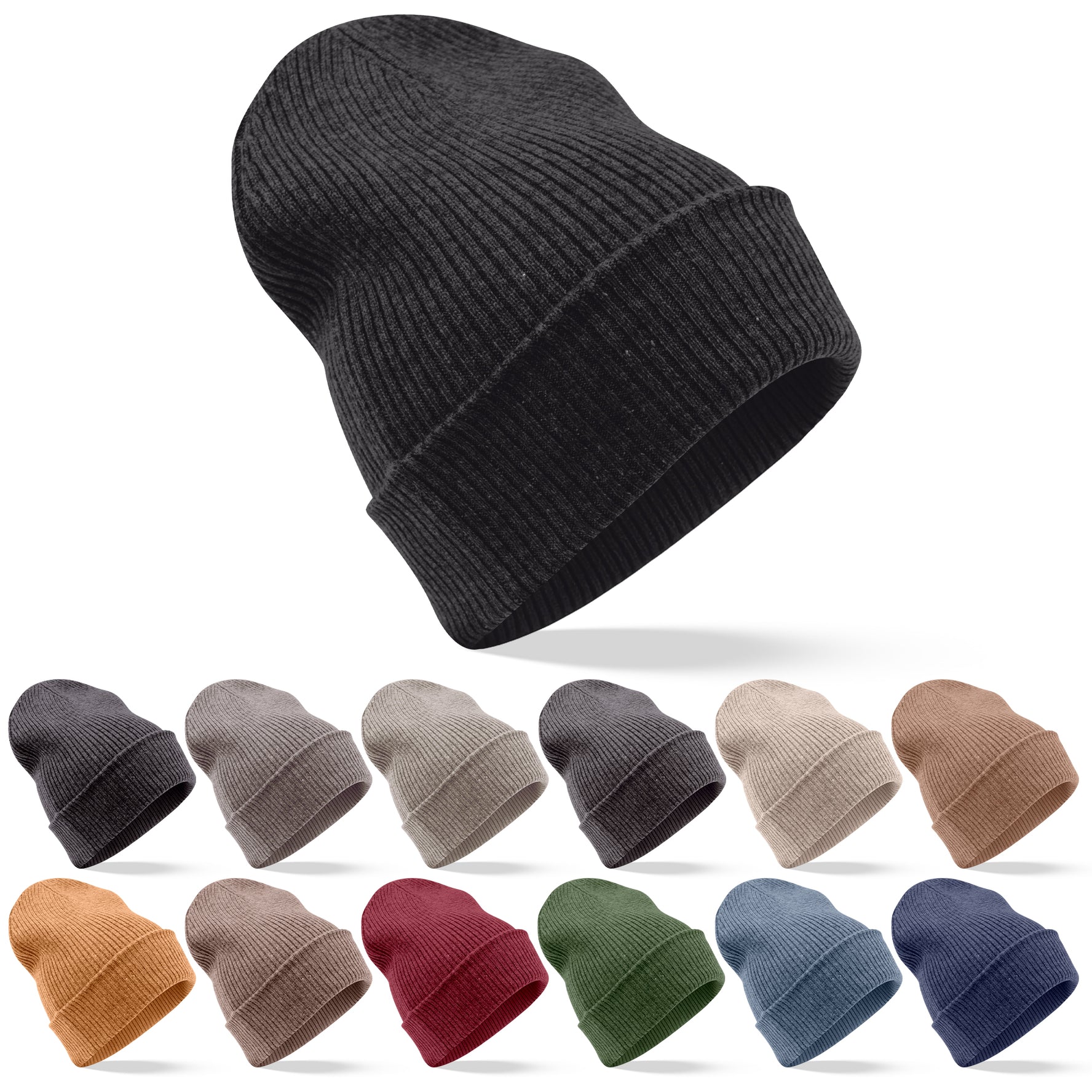 Kaschmirmütze Beanie gerippt mit Umschlag - Schwarz