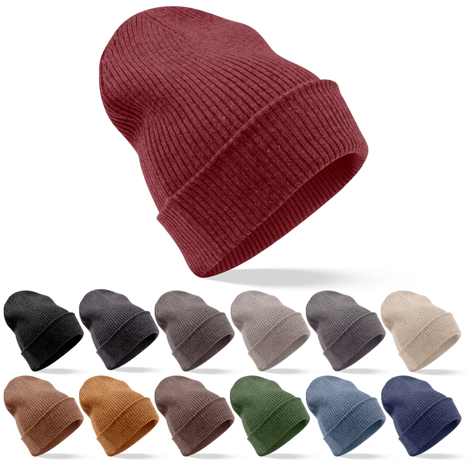 Kaschmirmütze Beanie gerippt mit Umschlag - Dunkelrot
