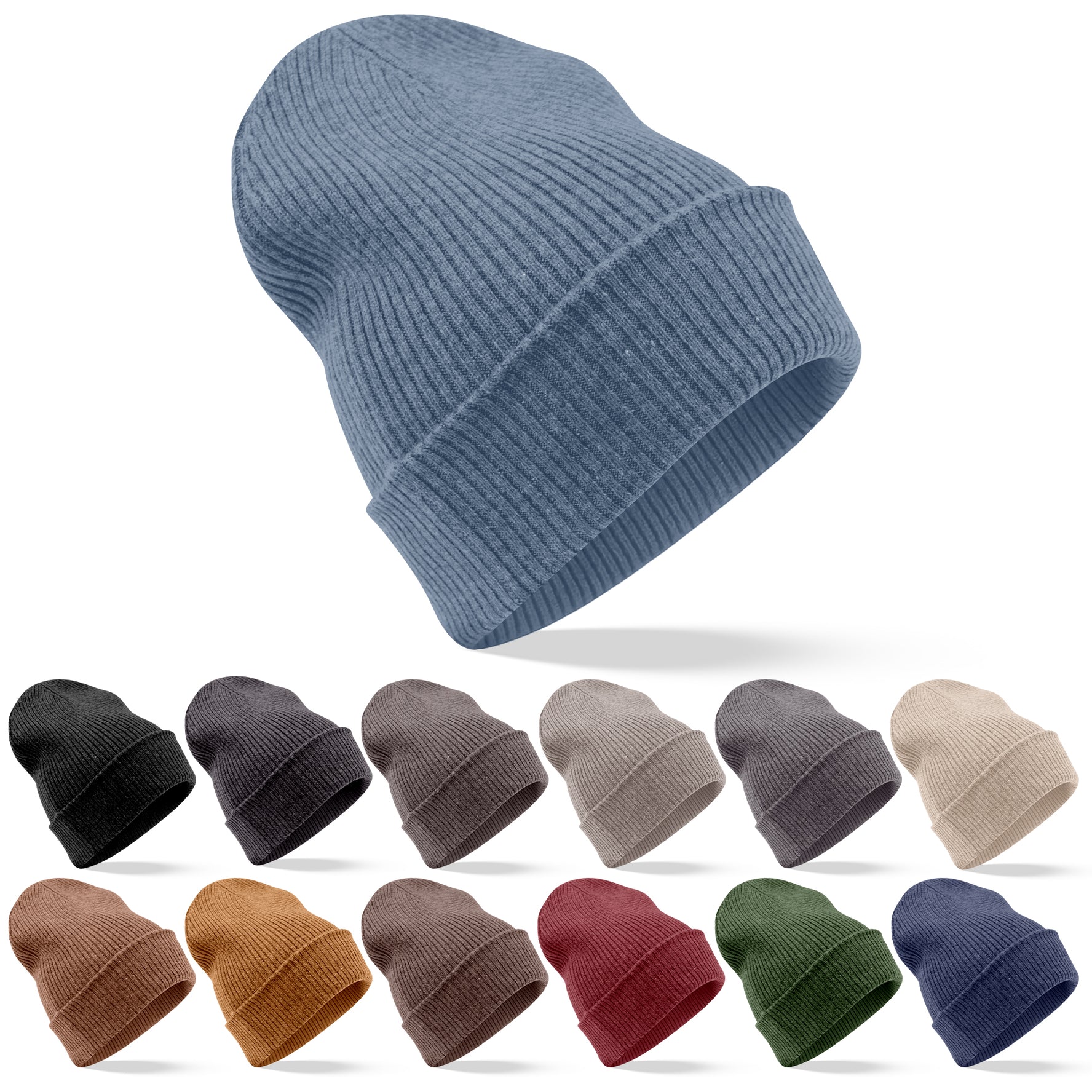 Kaschmirmütze Beanie gerippt mit Umschlag Blau