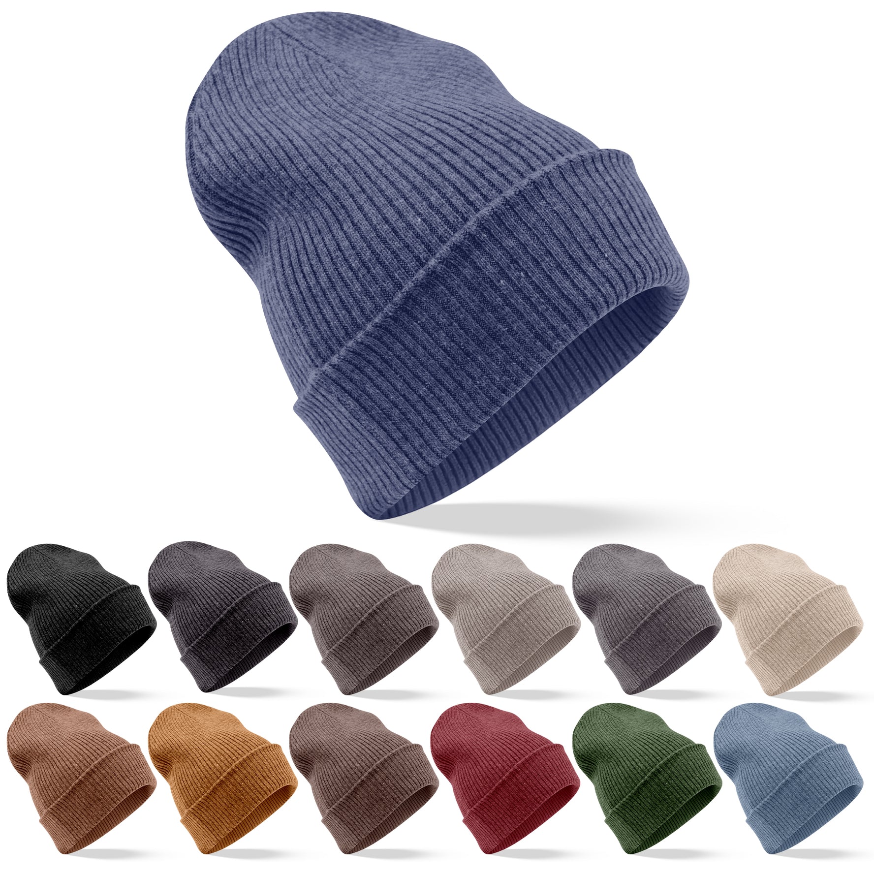 Kaschmirmütze Beanie gerippt mit Umschlag Dunkelblau