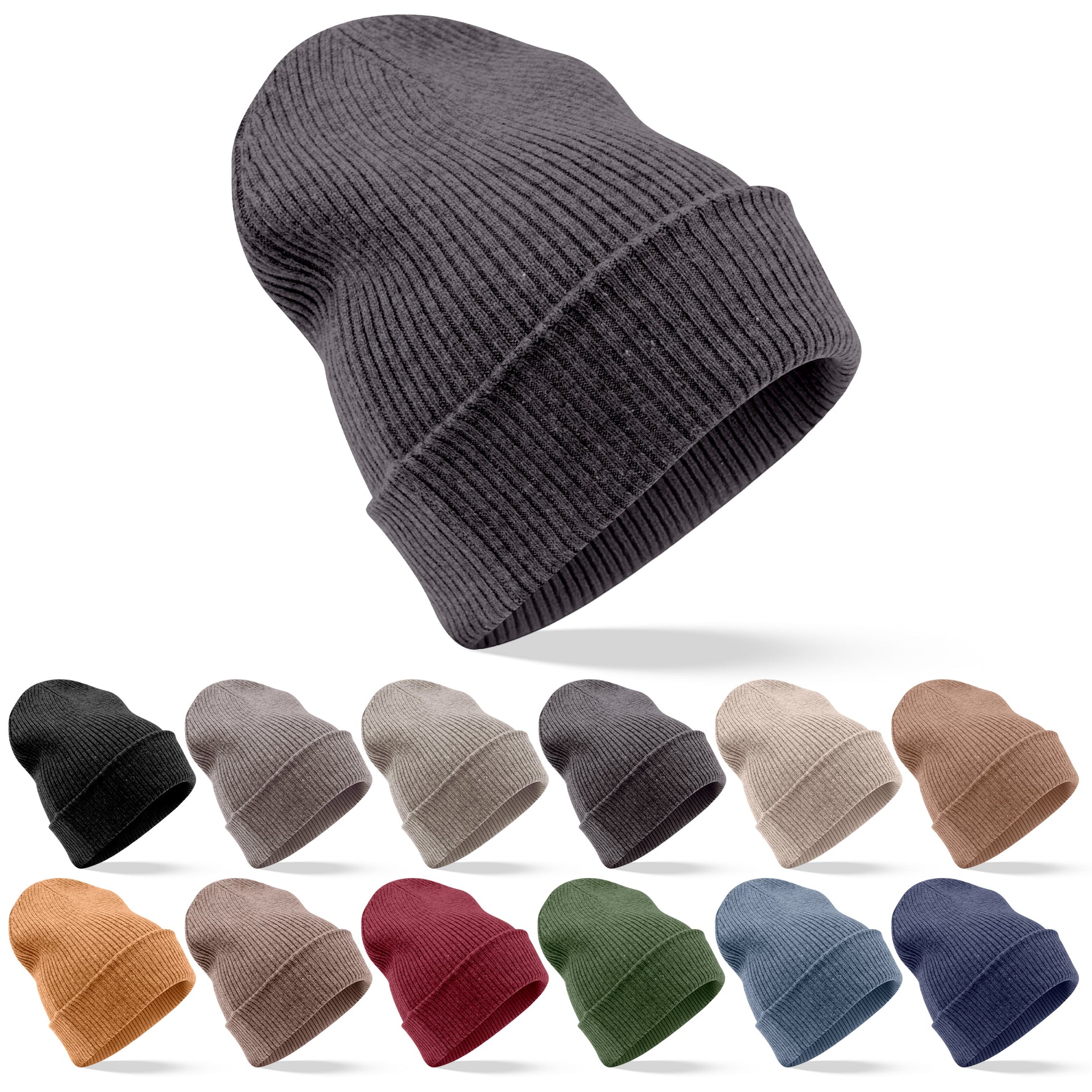 Kaschmirmütze Beanie gerippt mit Umschlag Schwarzgrau