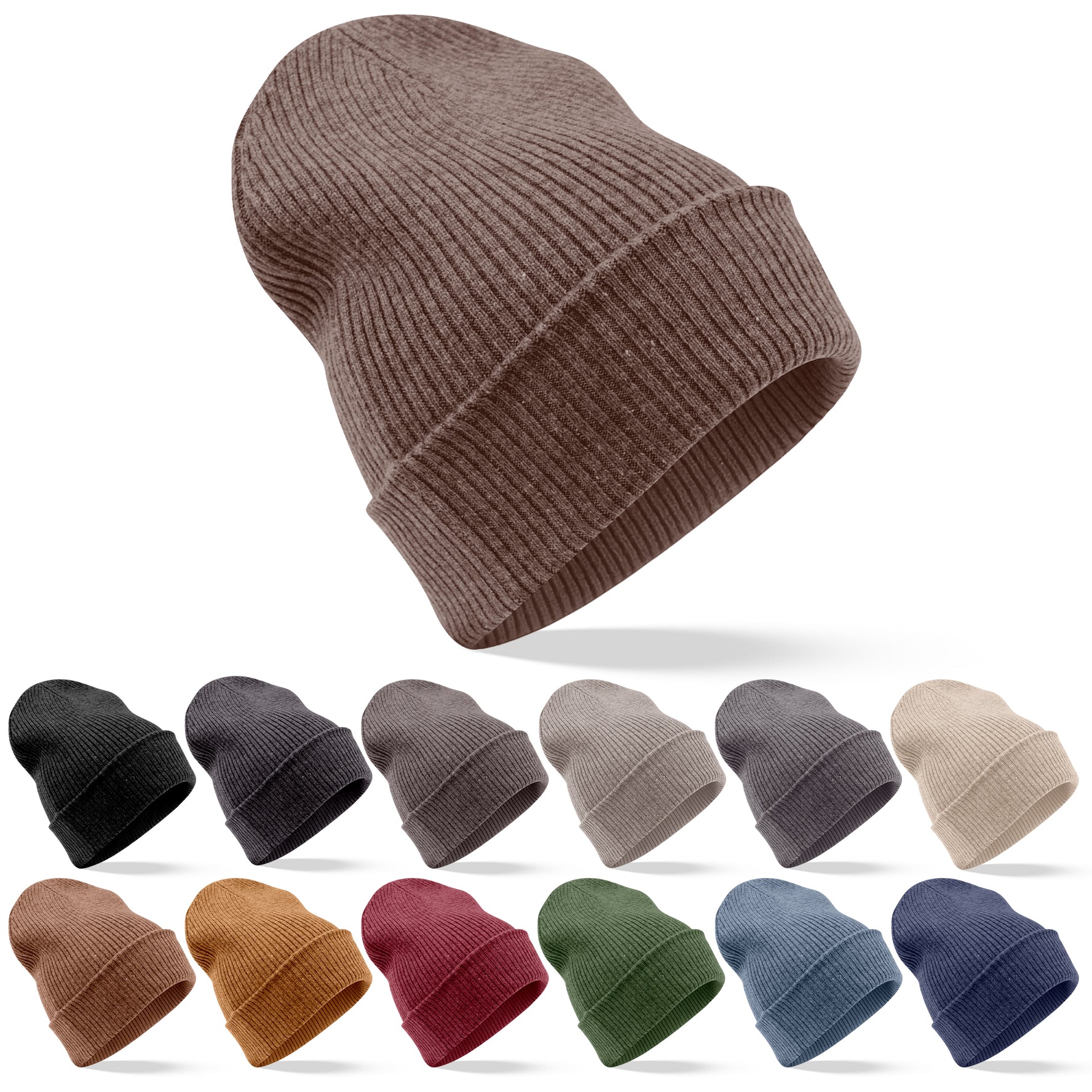 Kaschmirmütze Beanie gerippt mit Umschlag - Dunkelbraun