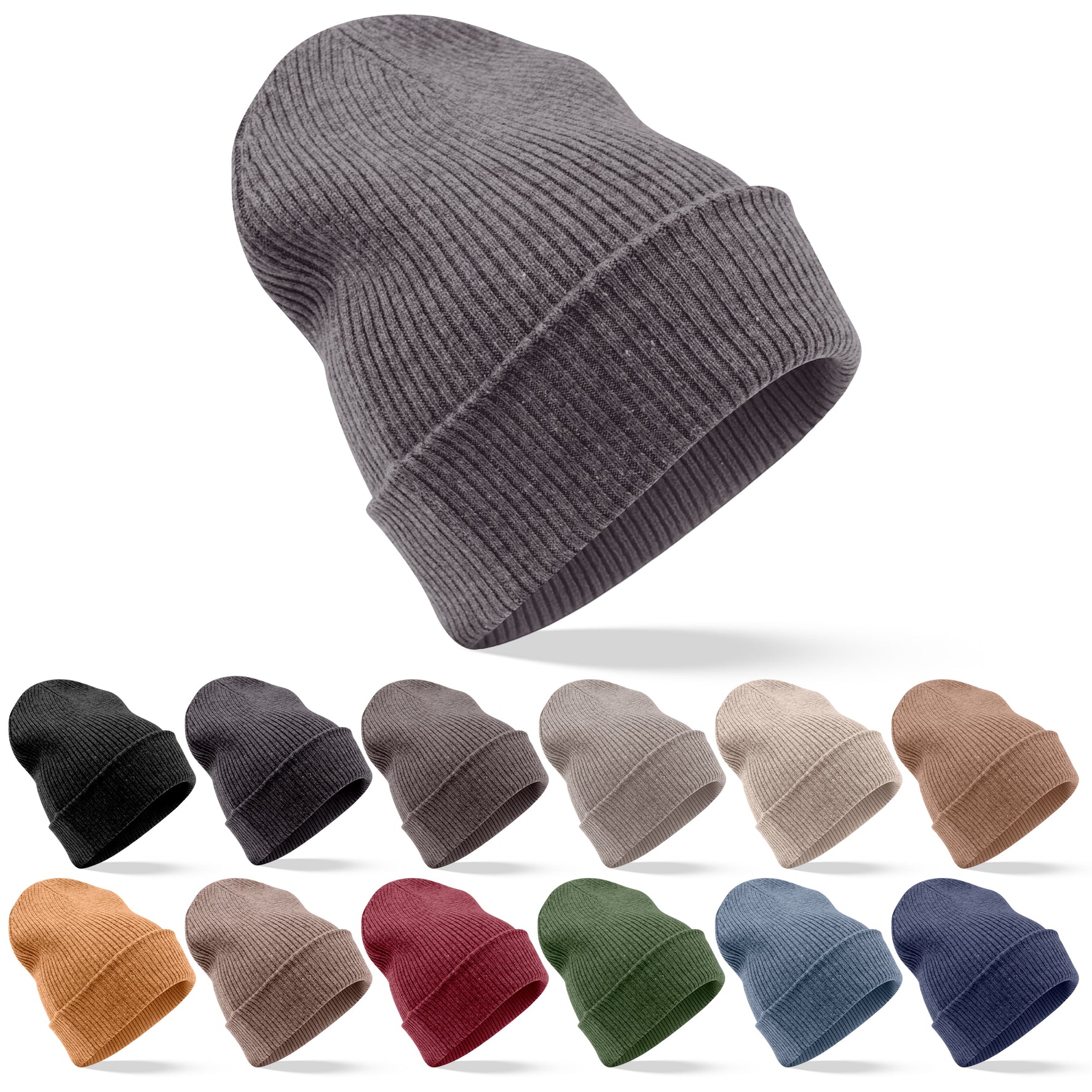 Kaschmirmütze Beanie gerippt mit Umschlag - Dunkelgrau