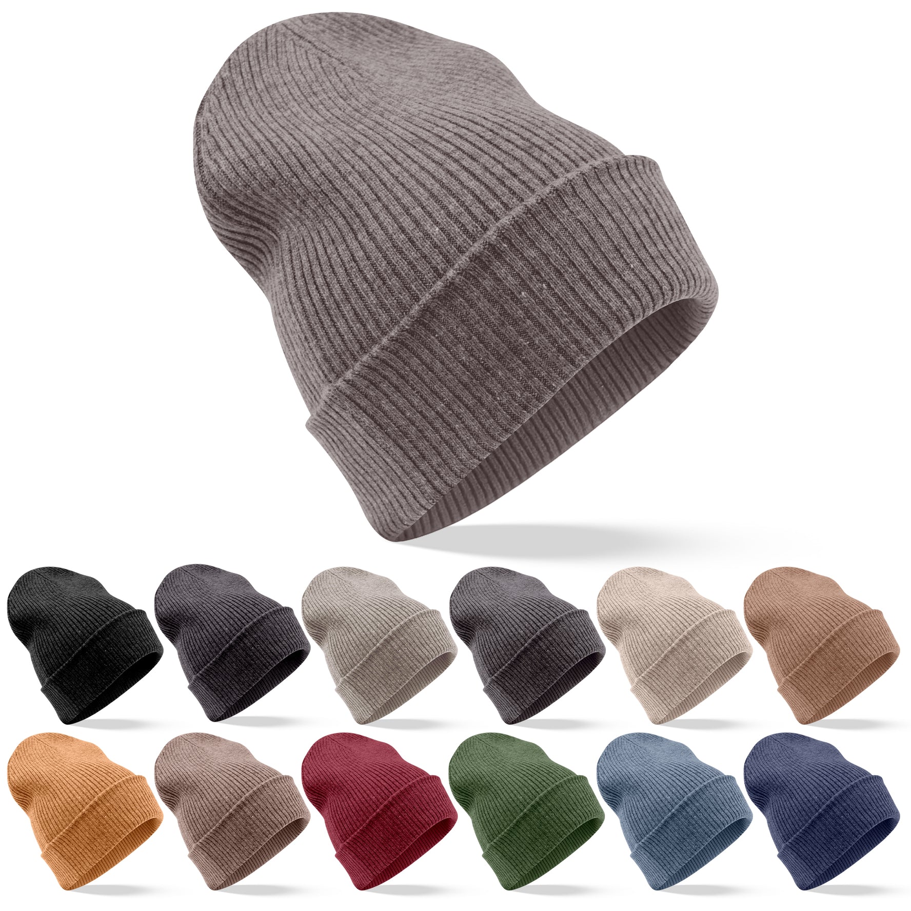 Kaschmirmütze Beanie gerippt mit Umschlag - Grau