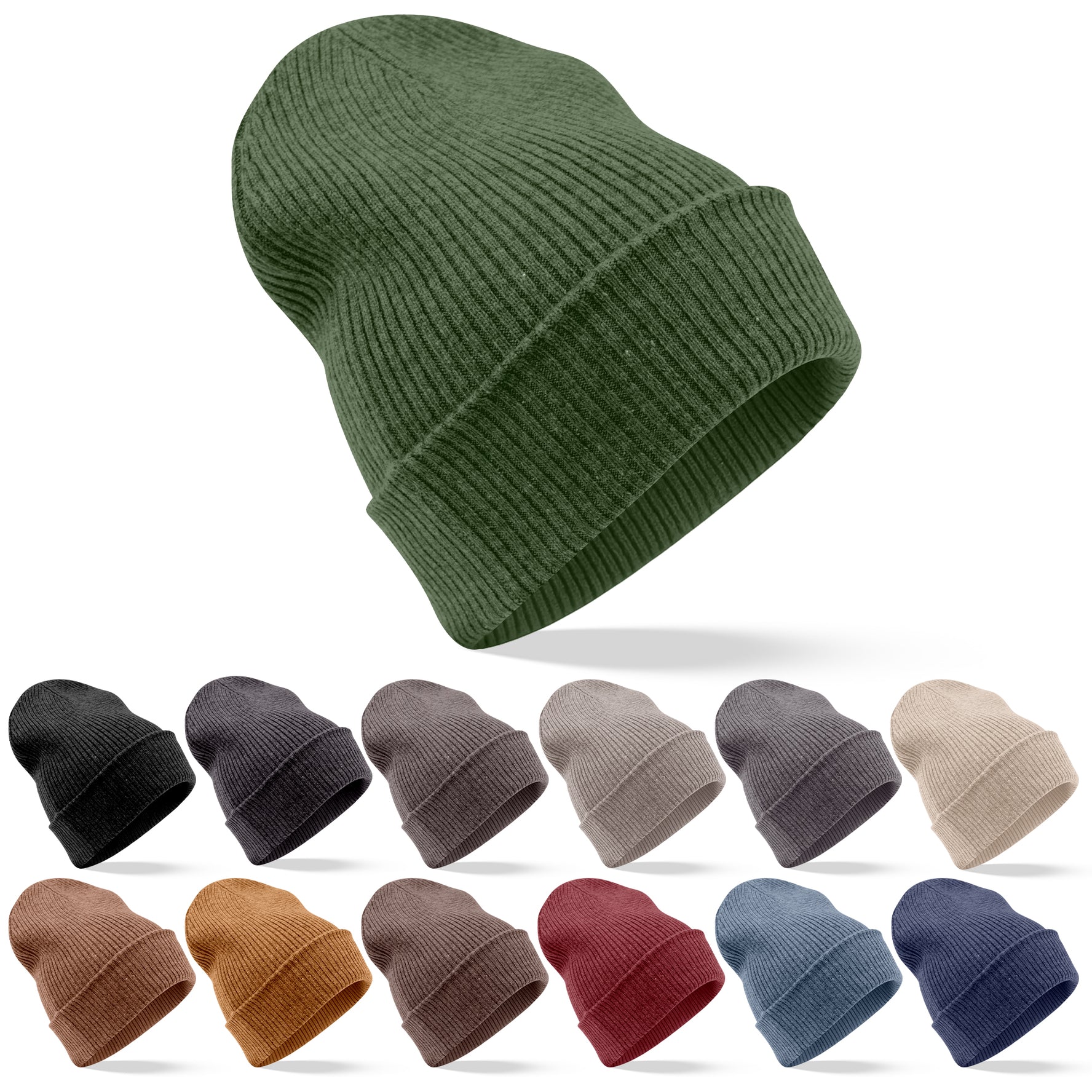 Kaschmirmütze Beanie gerippt mit Umschlag - Dunkelgrün