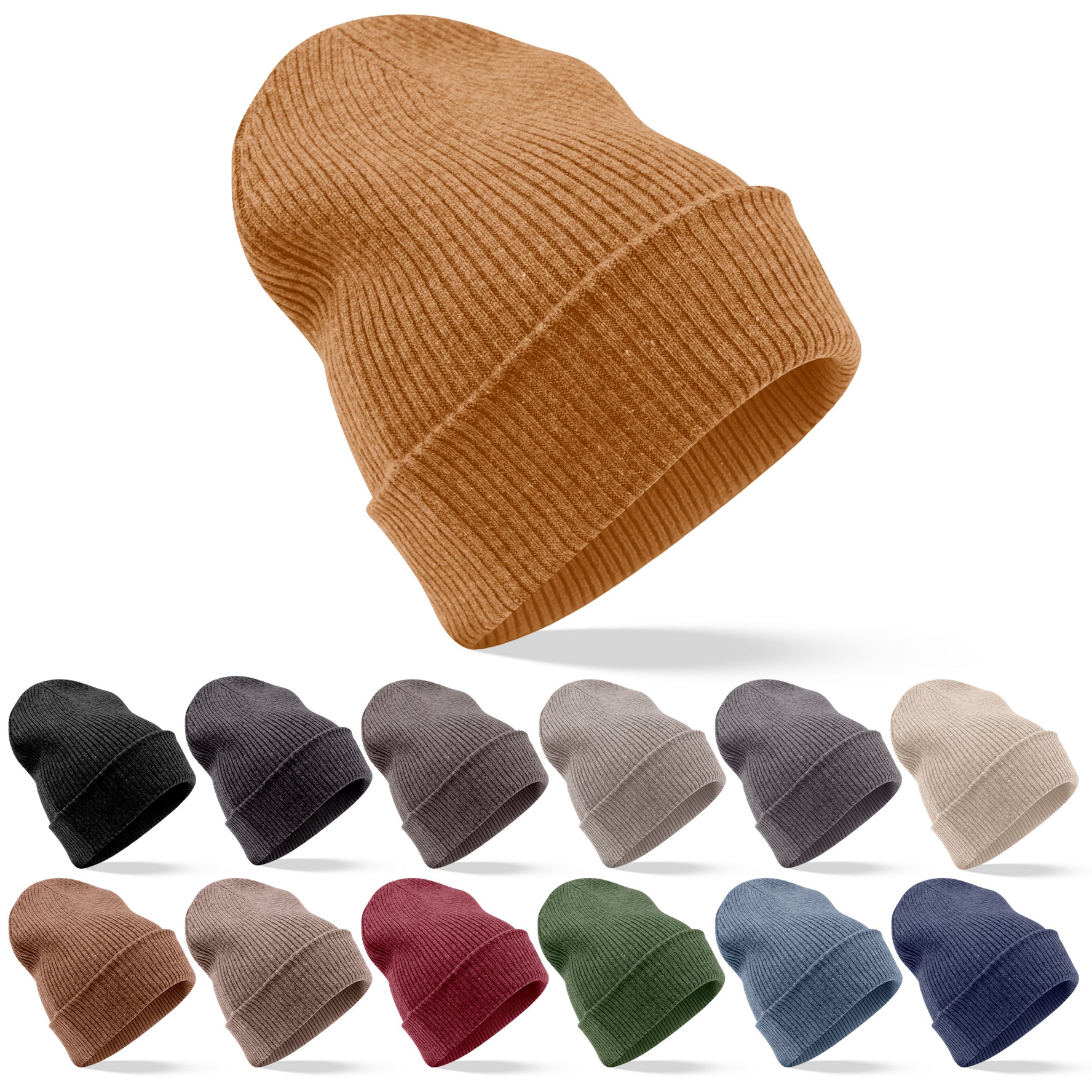 Kaschmirmütze Beanie gerippt mit Umschlag - Hellbraun