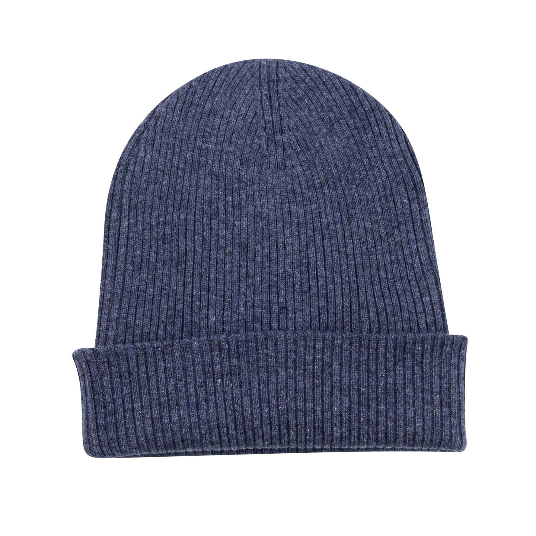 Kaschmirmütze Beanie gerippt mit Umschlag Dunkelblau