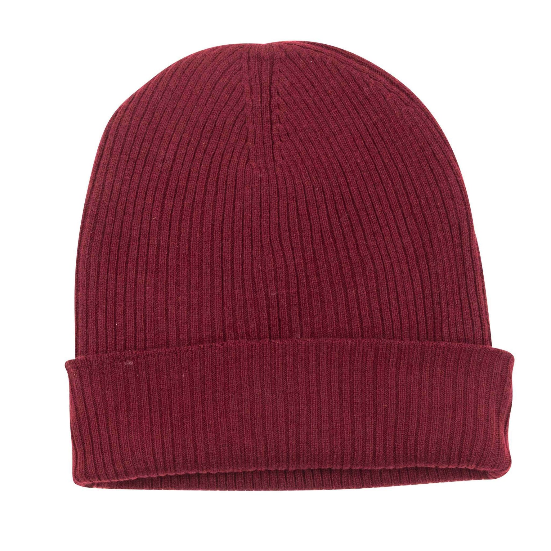Kaschmirmütze Beanie gerippt mit Umschlag - Dunkelrot