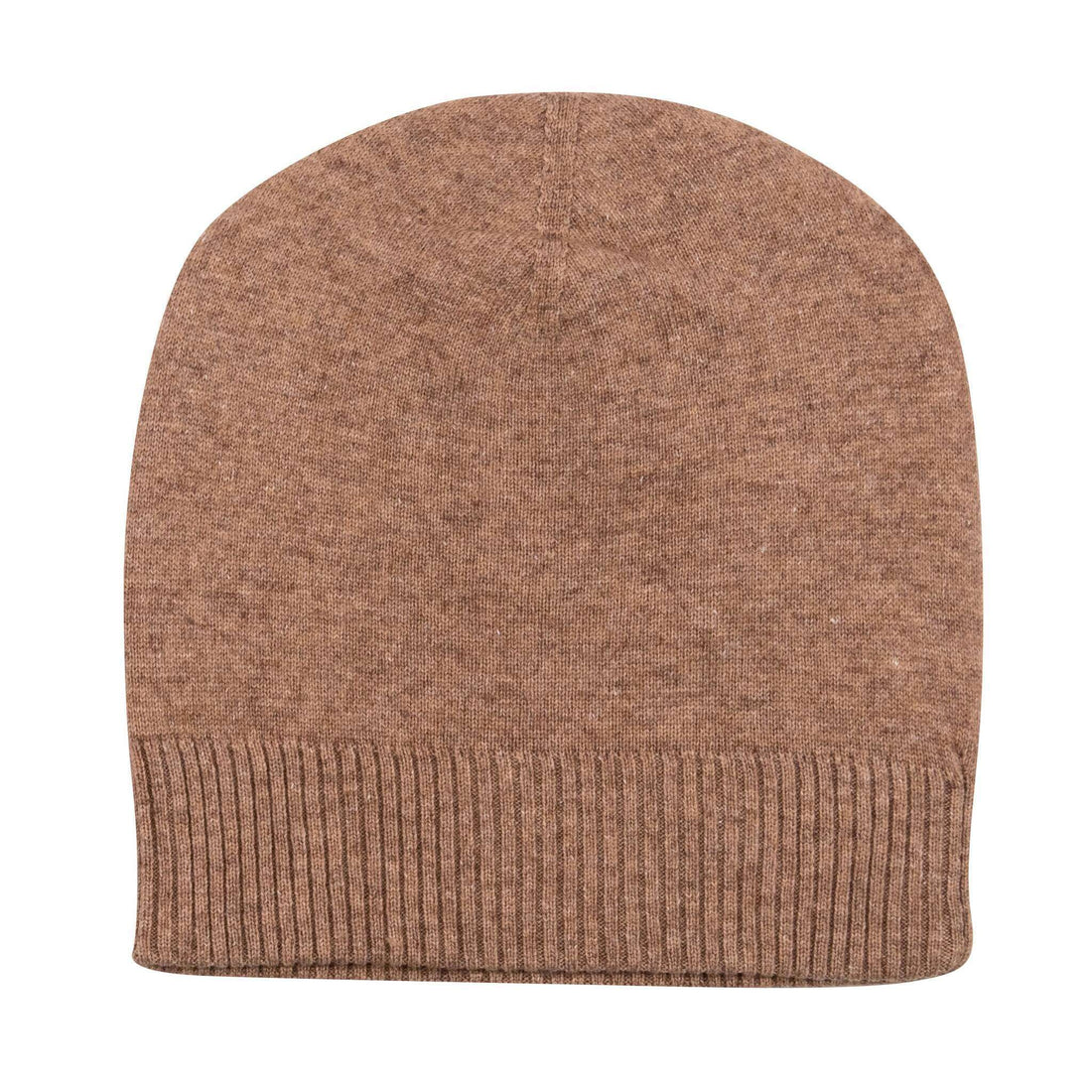 Eine braune Kaschmirmütze im Beanie-Stil ist abgebildet. Die Oberfläche ist glatt, der breite Umschlag ist gerippt gestrickt.