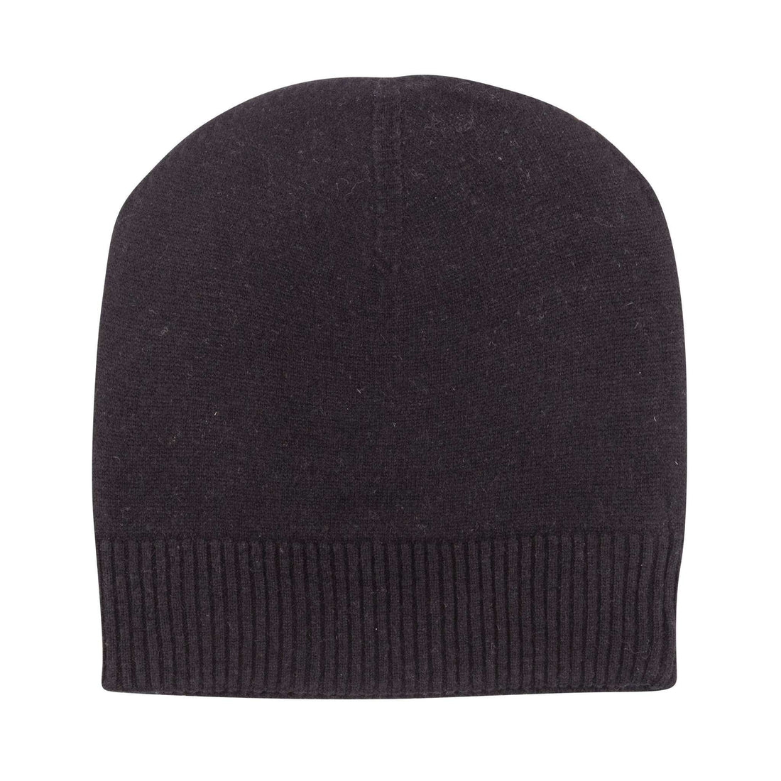 Eine schwarze, schlichte Kaschmirmütze im Beanie-Stil ist zu sehen. Sie hat einen glatten Hauptteil und einen gerippten Umschlag am unteren Rand. Die Mütze wirkt weich und elastisch und hat keine sichtbaren Muster, Logos oder Verzierungen. Der Hintergrund ist weiß, sodass die Form und Struktur der Mütze deutlich erkennbar sind.