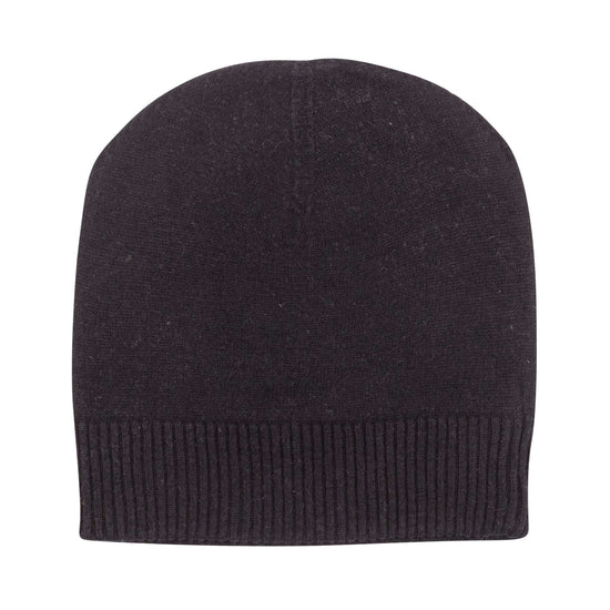 Eine schwarze, schlichte Kaschmirmütze im Beanie-Stil ist zu sehen. Sie hat einen glatten Hauptteil und einen gerippten Umschlag am unteren Rand. Die Mütze wirkt weich und elastisch und hat keine sichtbaren Muster, Logos oder Verzierungen. Der Hintergrund ist weiß, sodass die Form und Struktur der Mütze deutlich erkennbar sind.