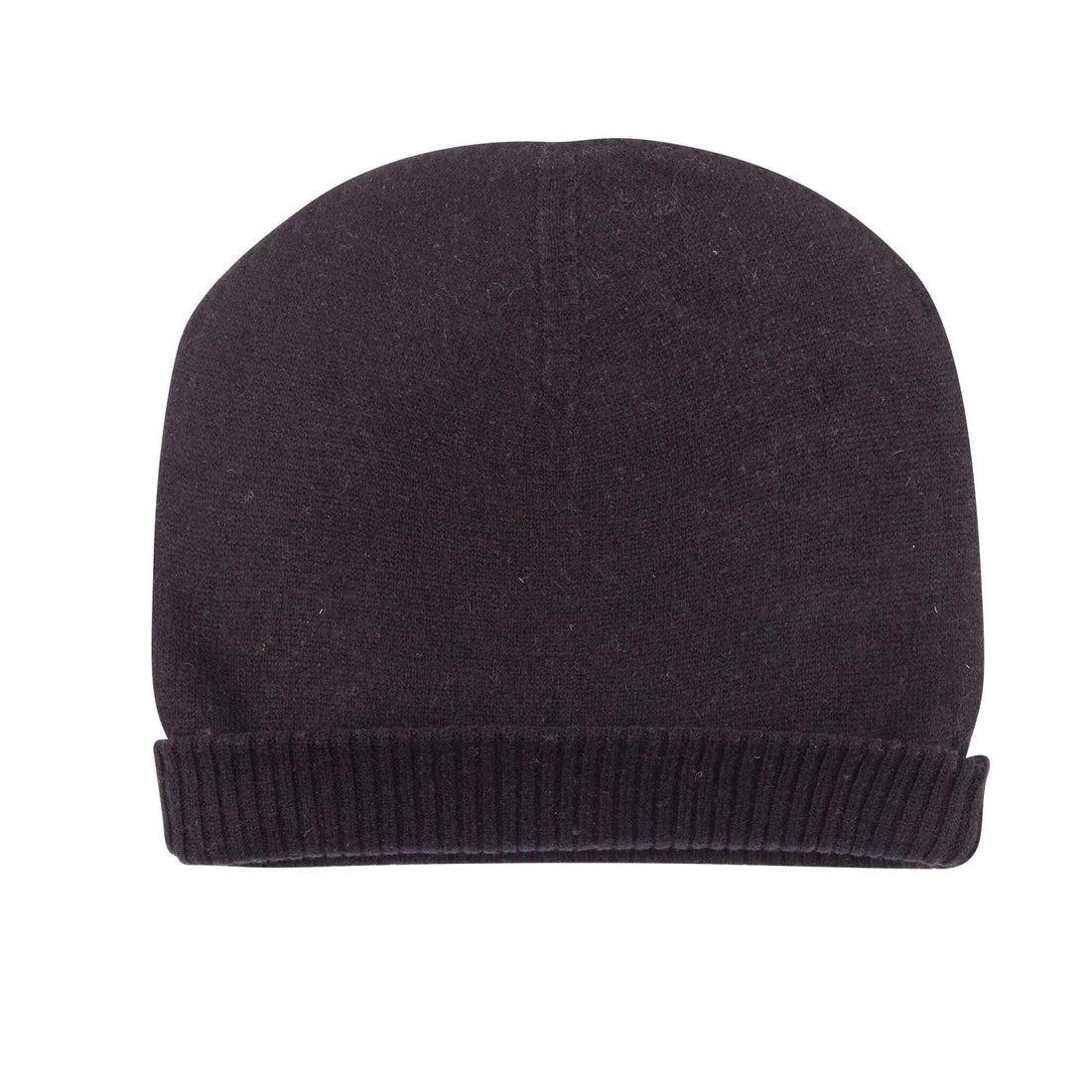 Eine schwarze Kaschmirmütze im Beanie-Stil ist abgebildet, glatt gestrickt mit einem gerippten, umgeschlagenen Saum unten.