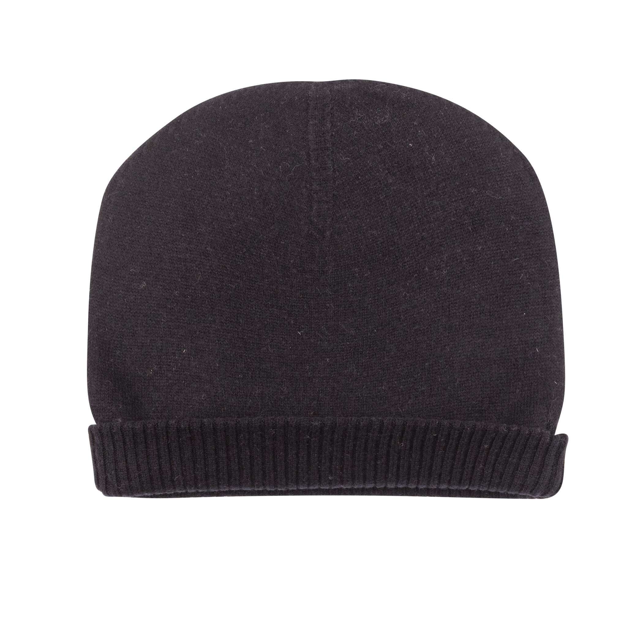 Eine schwarze Kaschmirmütze im Beanie-Stil ist abgebildet, glatt gestrickt mit einem gerippten, umgeschlagenen Saum unten.
