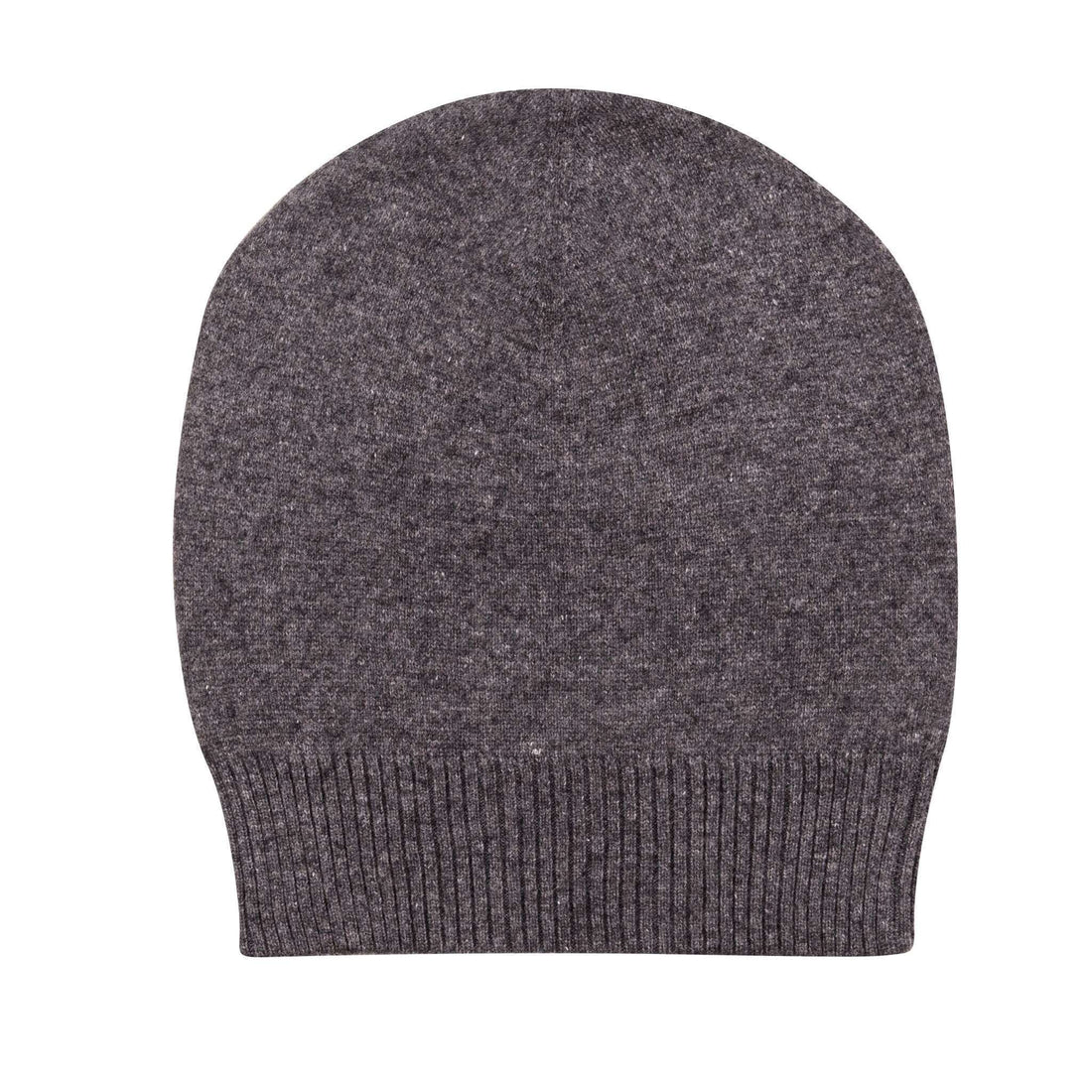 Eine dunkelgraue Kaschmirmütze im Beanie-Stil ist abgebildet, glatt gestrickt mit einem gerippten Umschlag am unteren Rand.