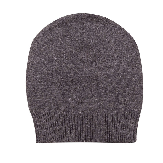 Eine dunkelgraue Kaschmirmütze im Beanie-Stil ist abgebildet, glatt gestrickt mit einem gerippten Umschlag am unteren Rand.