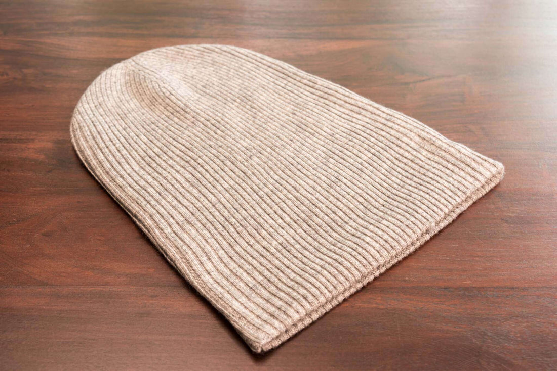Kaschmirmütze Beanie gerippt mit Umschlag - Grau