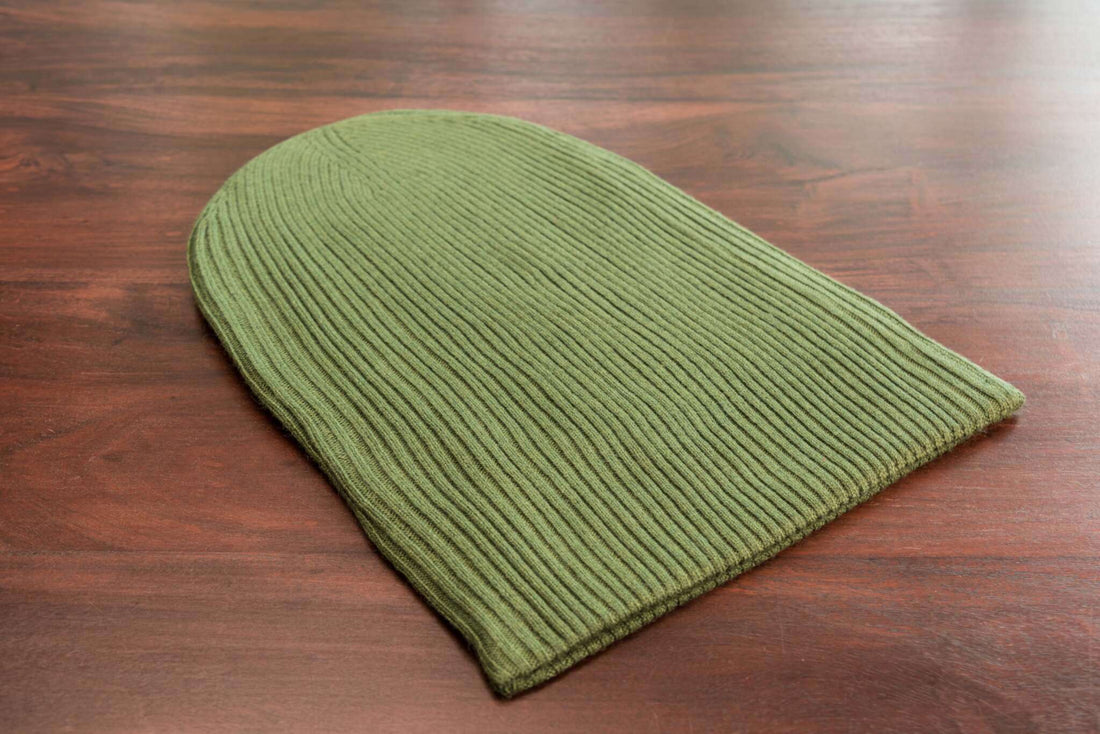 Kaschmirmütze Beanie gerippt mit Umschlag - Dunkelgrün