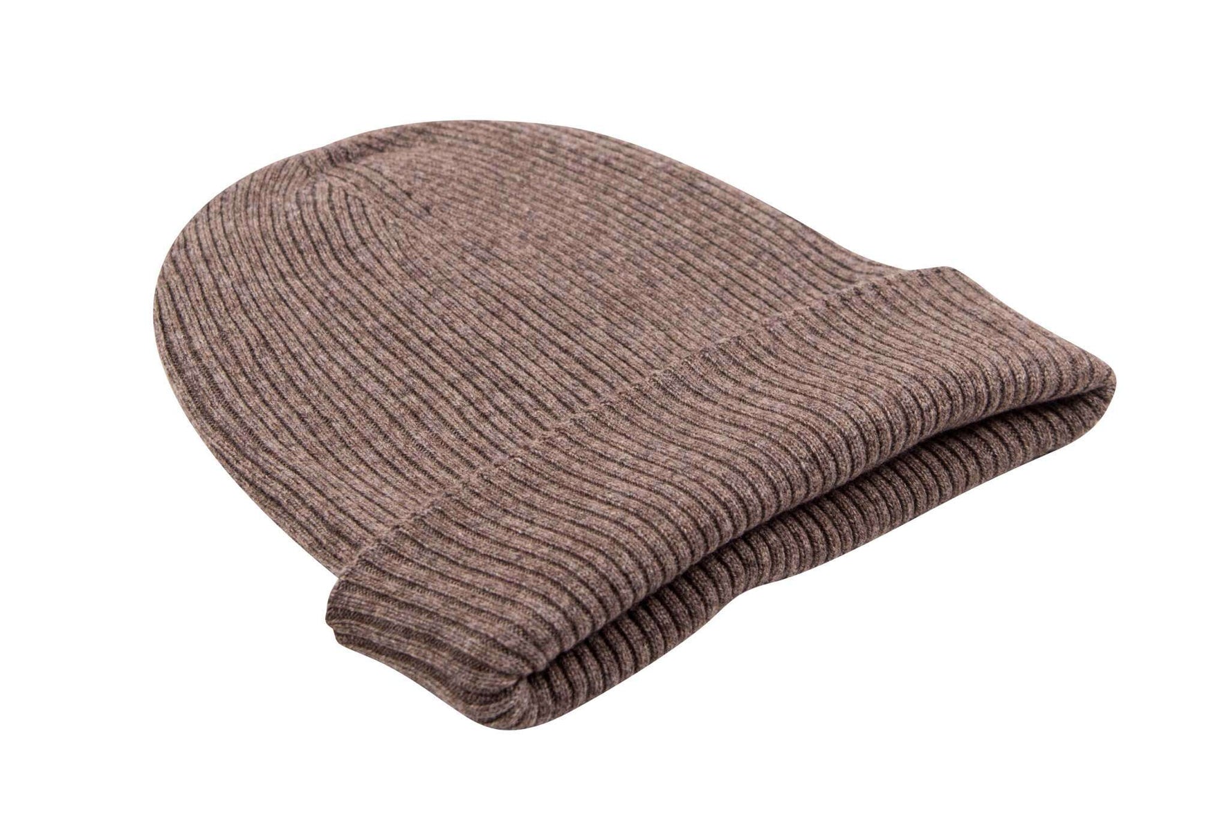 Kaschmirmütze Beanie gerippt mit Umschlag - Dunkelbraun