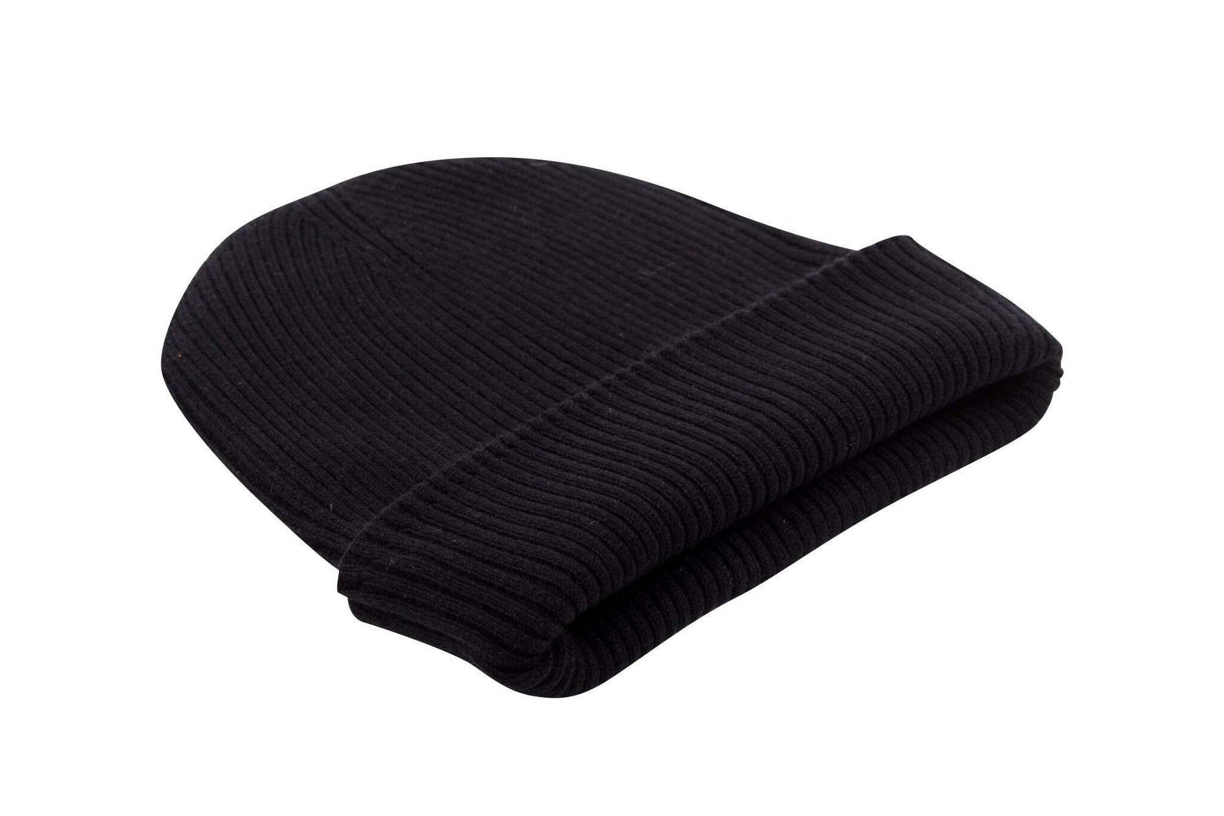 Kaschmirmütze Beanie gerippt mit Umschlag - Schwarz