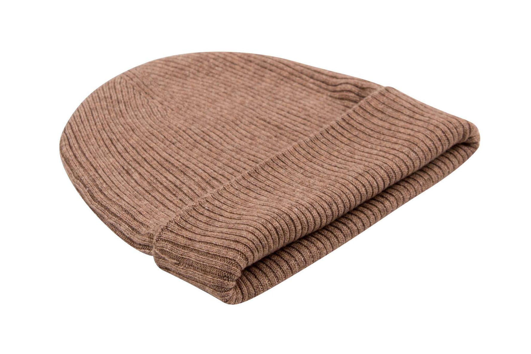 Kaschmirmütze Beanie gerippt mit Umschlag Braun