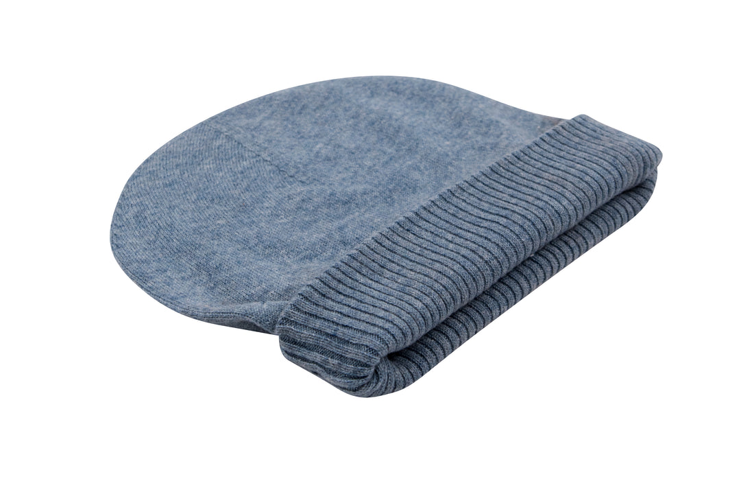 Kaschmirmütze Beanie glatt mit geripptem Umschlag Blau