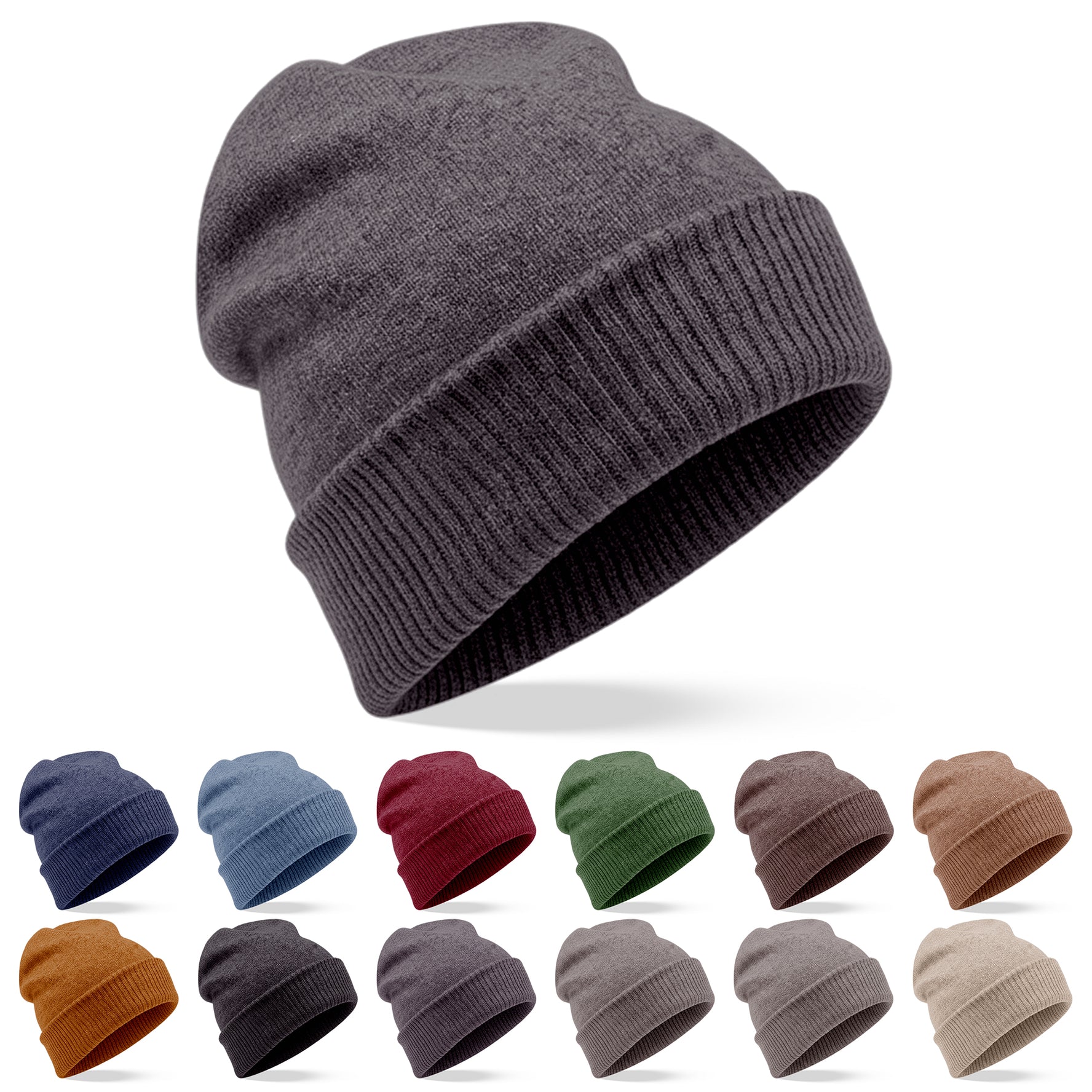 Kaschmirmütze Beanie glatt mit geripptem Umschlag Schwarzgrau